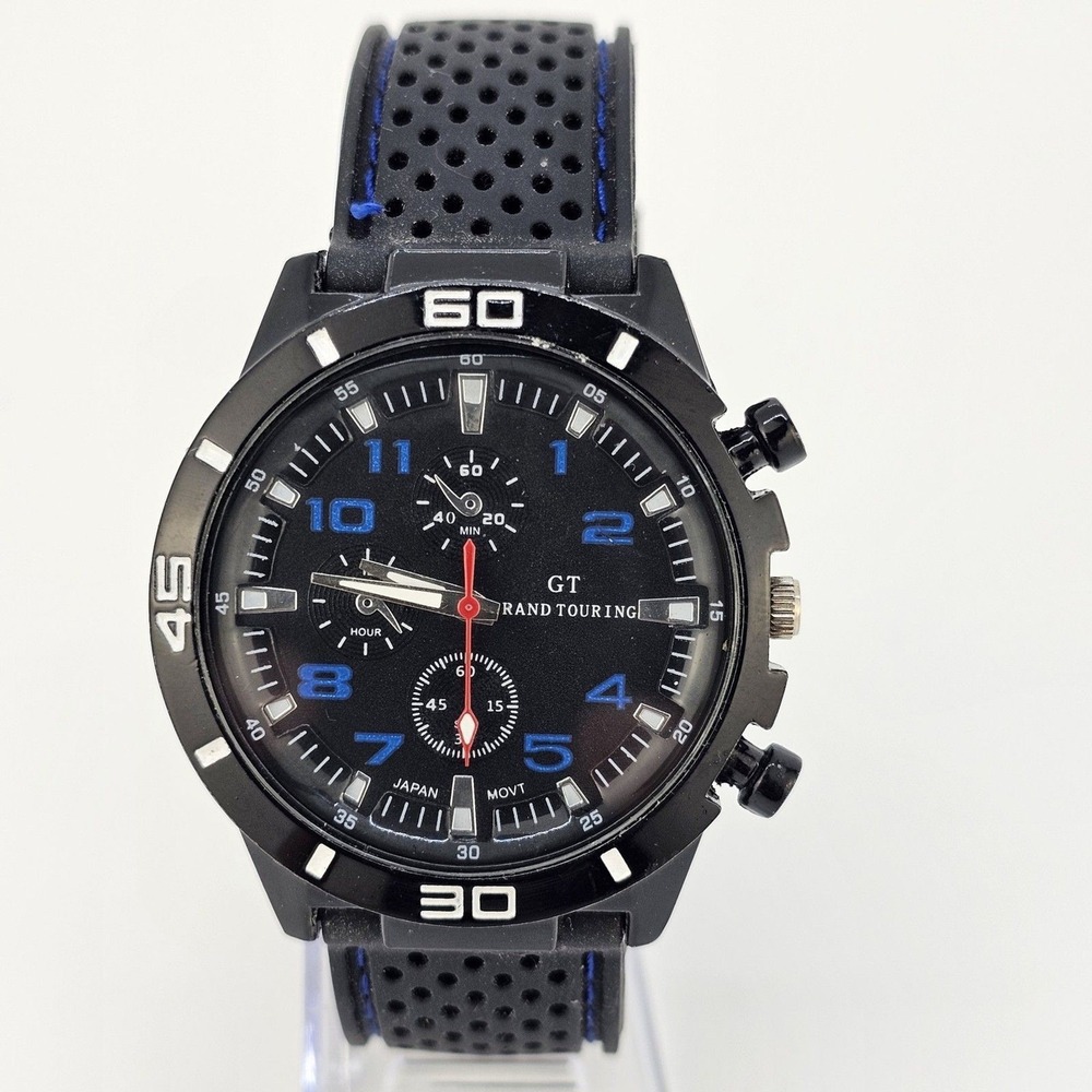 Men's Watch 42MM Black Dial Black‎ Case Black Plastic Bands New Battery